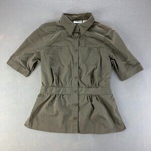 Worthington Shirt Womens 14 Taupe Stretch‎ Button Front Pockets Safari Style